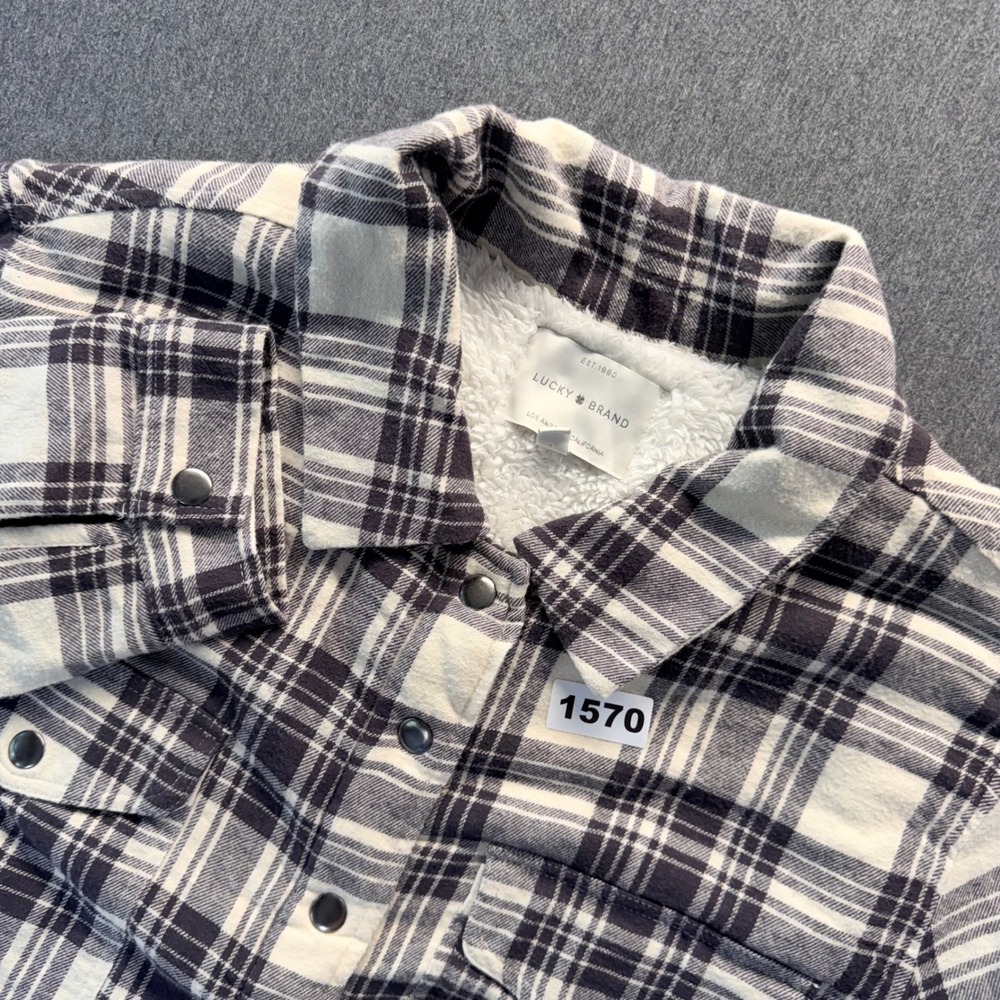 Lucky Brand Women Navy White Plaid Sherpa Lined Flannel Shirt Jacket Large